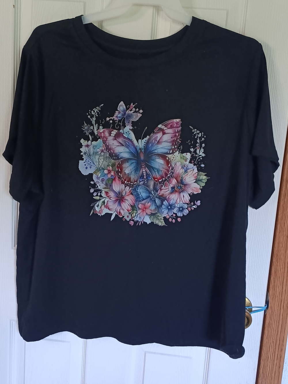 Black Tee with Blue-Pink Butterfly Floral Print